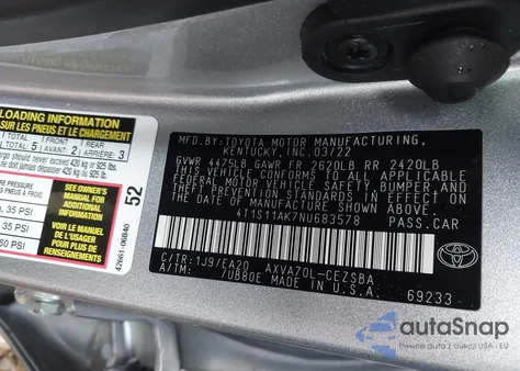 2022 Toyota Camry Se z USA, uszkodzony, nr VIN 4T1S11AK7NU683578